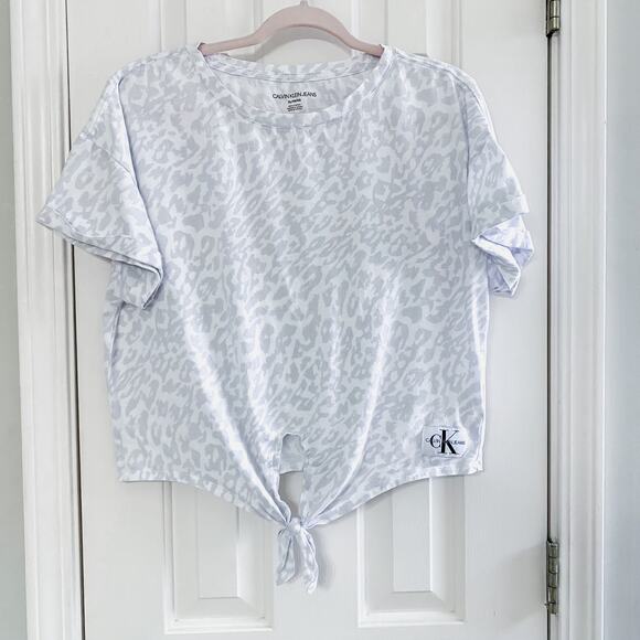 CALVIN KLEIN • White + Gray Leopard Animal Print Tie Front Short Sleeve Top - Picture 1 of 7